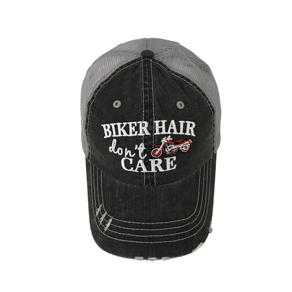 Unbranded Accessories - Biker Hair Don’t Care Distressed Embroidered Baseball Biker Cap